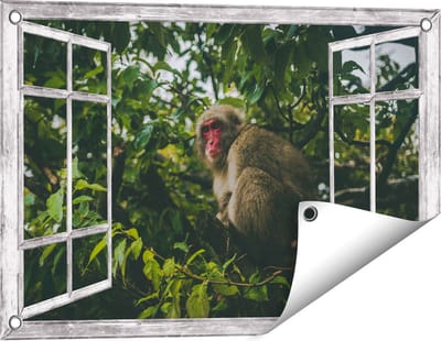 Gards Tuinposter Doorkijk Aap in de Boom tussen de Bladeren - 60x40 cm - Tuindoek - Tuindecoratie - Wanddecoratie buiten - Tuinschilderij