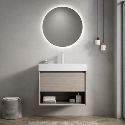 Wishdor - Badkamermeubel - Wandgemonteerd Met Lade En Open Schap - Modern - Kunsthars En Multiplex - Licht Eiken En Wit - 70 Cm