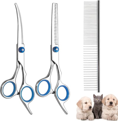 Hondenschaarset, gebogen hondenschaar, vachtschaar voor honden en katten, inclusief dunschaar, gebogen schaar, vachtverzorgingskam, roestvrijstalen vachtschaar voor honden en katten (blauw)