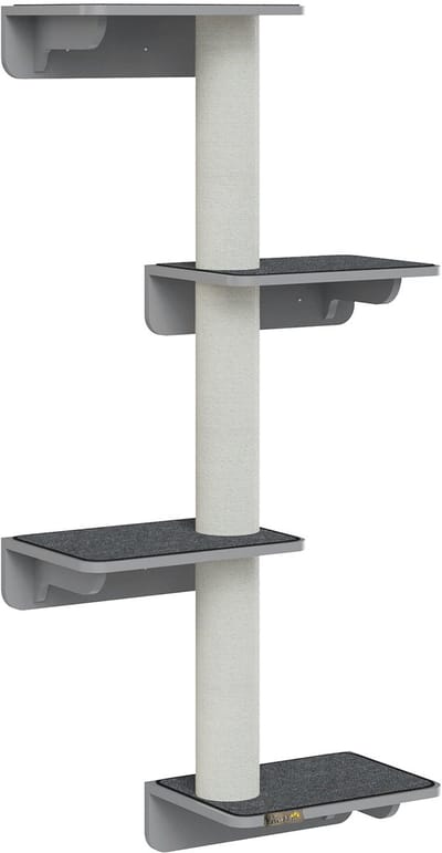 Merax Wandkrabpaal Kattenwand 137cm met 4 Platforms en Krabstam MDF Lichtgrijs Beige voor Katten tot 5kg