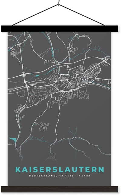 Posterhanger incl. Poster 40x60 cm - Schoolplaat - Plattegrond – Kaiserslautern – Blauw – Stadskaart – Kaart - Duitsland - Textielposter - Zwarte latten - Stadskaart