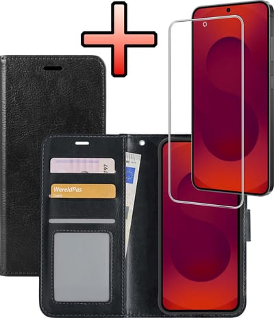 Hoesje - Met Screenprotector - Geschikt voor Samsung Galaxy S25 FE - Luxe Pasjeshouder - Bookcase Portemonee - Flip Case - Kunstleer Book Case - Flipcase - Book Cover - Walletcase - Portemonneehoes - Zwart