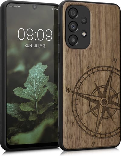 kwmobile telefoonhoesje geschikt voorSamsung Galaxy A33 5G - Hoesje met bumper - hout - In donkerbruin Vintage Kompas design