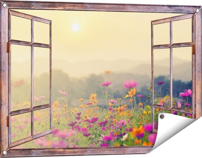 Gards Tuinposter Doorkijk Bloemenveld met Kosmos - Zonsondergang - 90x60 cm - Tuindoek - Tuindecoratie - Wanddecoratie buiten - Tuinschilderij