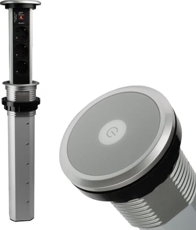 Design light Liftbox - Stekkerdoos Automatisch - Pop up stekkerblok met 3 stopcontacten 2x USB-A - Inbouw Verdeelstekker met 2 meter kabel - Aluminium