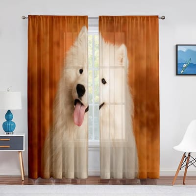 Twee Schattige Samojeed Honden In De Sneeuw Tule Gordijnen voor Woonkamer Slaapkamer Keuken Decor Modern Transparant Voile Gordijn Raamgordijnen 1 PCS W100XH250cm&Grommet Top