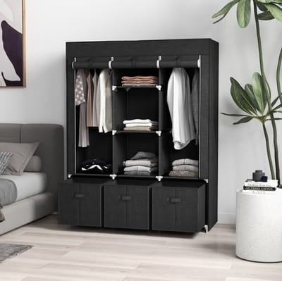 STILVORA Kledingkast – Opvouwbare Stoffen Kast Met 3 Lades En 2 Kledingroedes – Voor Slaapkamer Of Berging – Zwart – 125x43x162,5 Cm