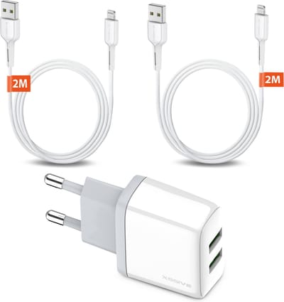 USB Oplader met 2 Poorten en 2x USB naar Lightning Kabel 2 Meter - Voor 14, 13, 12, 11, X, 8, 7, SE