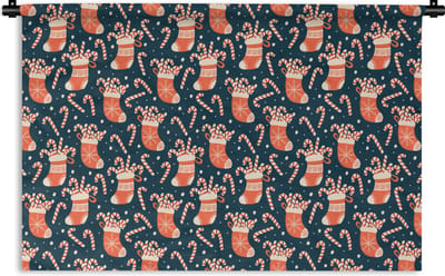Wandkleed - Wanddoek - Sokken - Snoep - Kerst - Patronen - 180x120 cm - Wandtapijt