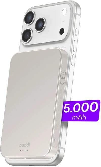 Buddi Connect Pro Powerbank - 5.000 mAh - Ultra Dun - Geschikt voor MagSafe - Gecertificeerd Qi2 - Draadloze Powerbank - Snelladen 15W - Titanium