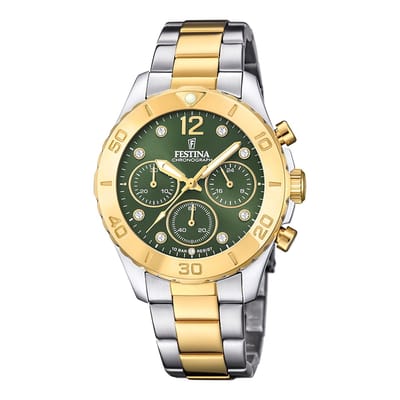 Festina F20604/2 Dames Horloge - Chronograaf - Mineraalglas - Roestvrijstaal/Staal - Goudkleurig/Zilverkleurig - Ø 39 mm - Quartz - Vouw/Vlindersluiting