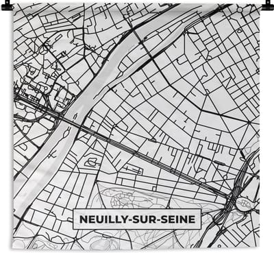 Wandkleed - Wanddoek - Stadskaart - Neuilly-sur-Seine - Plattegrond - Kaart - Frankrijk - Zwart wit - 180x180 cm - Wandtapijt