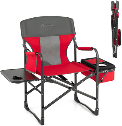 COSTWAY Campingstoel met zijtafel, koeltas en opbergtas, inklapbare visstoel, 180 kg draagvermogen, regisseursstoel, draagbaar, vouwstoel, klapstoel voor camping, vissen, picknick (rood)