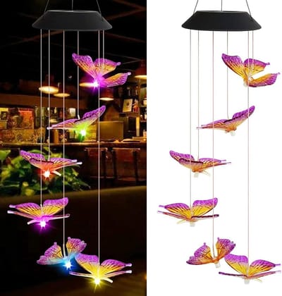 Windspel op zonne-energie met kleurveranderende LED, vlinders in paars en geel, hanglamp voor de tuin en balkon