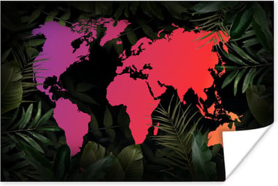 Poster 30x20 cm - Wereldkaart - Kleuren - Planten - Posters - Kamer decoratie - Wanddecoratie woonkamer - Muurdecoratie slaapkamer