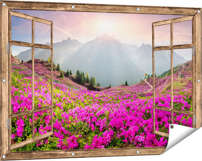 Gards Tuinposter Doorkijk Rhododendron Bloemenveld in de Alpen - 120x80 cm - Tuindoek - Tuindecoratie - Wanddecoratie buiten - Tuinschilderij