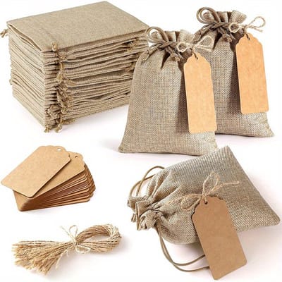 Jute Cadeauzakjes - 1 Stuk - Inclusief Labels en Touw - 10x14 cm