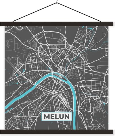 Posterhanger incl. Poster 60x60 cm - Schoolplaat - Melun - Frankrijk - Plattegrond - Kaart - Stadskaart - Textielposter - Zwarte latten - Stadskaart