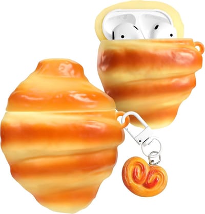 Schattig 3D Croissant Hoesje met Sleutelhanger voor AirPods 1 & 2 - Zachte Siliconen Cover