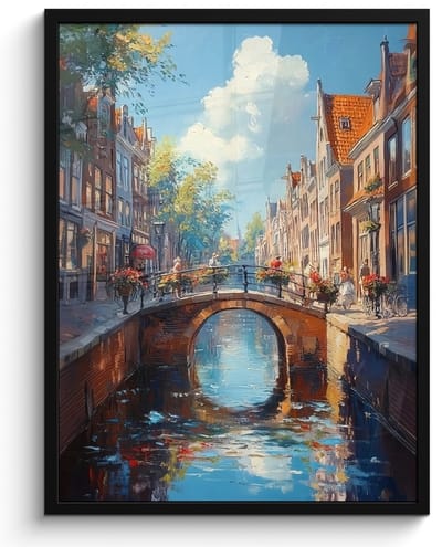 Poster in lijst - Fotolijst 50x70 cm - Posters - Stad - Gracht - Zon - Fietsen - Posterlijst zwart - Decoratie - Wanddecoratie woonkamer - Muurdecoratie slaapkamer