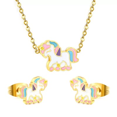 WeLoveSilver - kindersieraden set - ketting en oorstekers - eenhoorn - goudkleurig