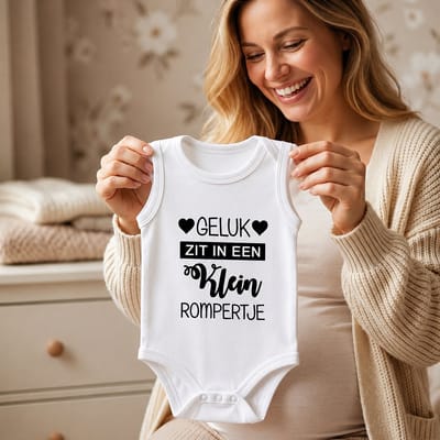 Baby rompertje met tekst Geluk zit in een klein rompertje - Wit/Zwart - Maat 62/68