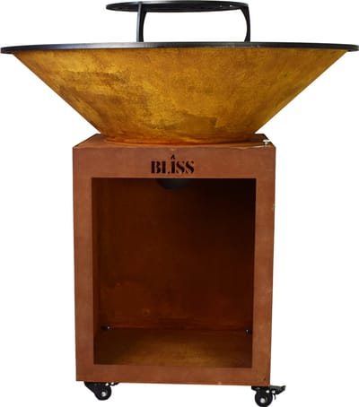 BLISS Plancha Cortenstaal Ø72 cm - Grote BBQ- Extra dik cortenstaal - 16 mm kookplaat - Vuurschaal - Buitenkoken - Houtopslag