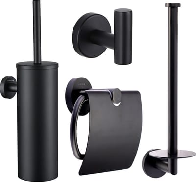 Toiletaccessoireset Zwart 4-delig - Luxe Toilet Set - Toiletborstel met Houder - Toiletrolhouder met klep - Reserverolhouder - Handdoekhaak