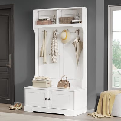 STILVORA Garderobekast - Zitbank Met Opbergruimte En 4 Haken - 2 Open Vakken - Softclose - Spaanplaat - 101,5x183 Cm - Wit - Anti-Kantel