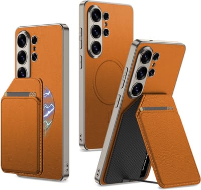 Casemania Hoesje Geschikt voor Samsung Galaxy S26 Ultra - Oranje - Magnetische Back Cover met Afneembaar Pasjeshouder Kickstand - Geschikt voor MagSafe