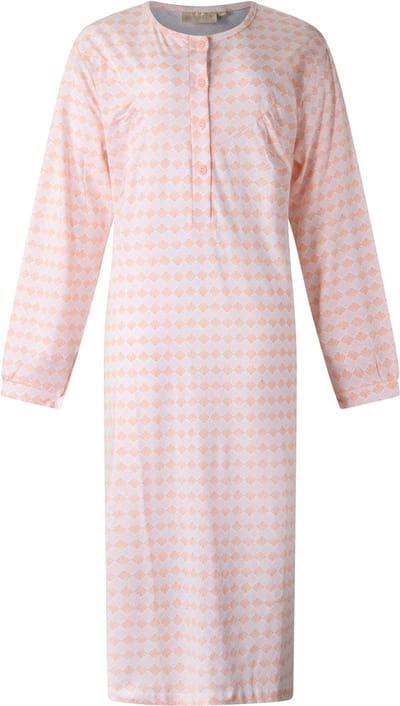 Lunatex - dames nachthemd 5027 lange mouw - nachtjapon van 100% katoen - peach met print - maat M