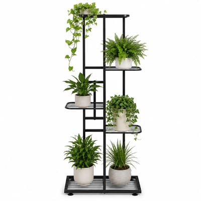 HomeGoodies - Plantenstandaard - Plantenrek - Plantenhouder - 5Laags voor 6 Potplanten - Binnen&Buiten - Ruimtebesparend - Zwart