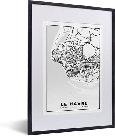 Fotolijst incl. Poster Zwart Wit- Stadskaart - Frankrijk - Le Havre - Kaart - Plattegrond - Zwart wit - 30x40 cm - Posterlijst