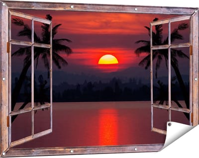 Gards Tuinposter Doorkijk Zonsondergang op het Strand met Palmbomen - 120x80 cm - Tuindoek - Tuindecoratie - Wanddecoratie buiten - Tuinschilderij