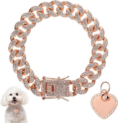 MK Stoer -Hondenketting Halsband - Hondenpenning - Strass Hart - Rose Goud - Diamant - Bling - ID Tag - Ketting - Kleine Middelgrote Grote Honden Katten - Geschikt voor 20cm - Rose Goud - Hartvormige - USP