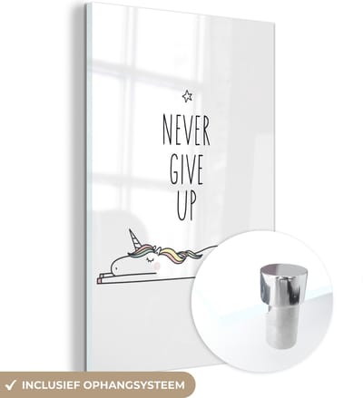 MuchoWow® Glasschilderij 120x180 cm - Schilderij acrylglas - Unicorn - Kinderen - Quotes - Never give up - Meisjes - Foto op glas - Schilderijen