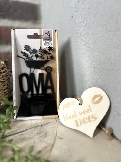 Creaties van Hier - Kaarsenhouder met houten hartje - Oma - Metaal - 7x4x12 cm