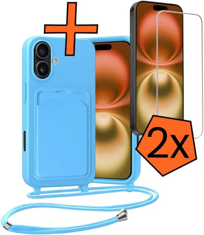 Hoesje Geschikt voor iPhone 16 Plus Hoesje Met Telefoonketting Pasjeshouder Case Met 2x Screenprotector Koord - Hoesje Geschikt voor iPhone 16 Plus Hoes Met Kaarthouder - Lichtblauw