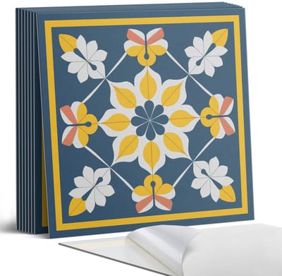 Coloray Plaktegels - Bloemmotief in symmetrie Portugese Tegels - 30 cm x 30 cm - Geel Plaktegels - 9 stuks - Vierkant PVC Tegels - Plaktegels Keuken - Zelfklevende Vloertegels - Vinyltegels Vloer Zelfklevend - Zelfklevende Tegels
