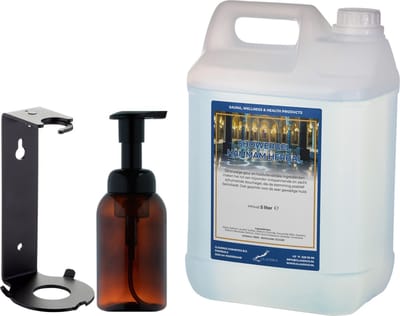 Zeepdispenser 300 ml amber bruin hervulbaar + 5 liter Showergel Hammam Herbal navulling (inclusief beugel)