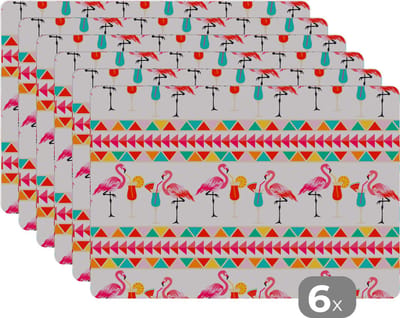 Placemat - Placemats kunststof - Flamingo - Zomer - Cocktail - Patroon - 45x30 cm - 6 stuks - Hittebestendig - Anti-Slip - Onderlegger - Afneembaar