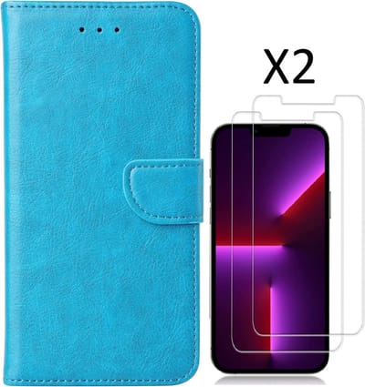 Hoesje Geschikt voor iPhone 14 Pro – bookcase met 2 stuks screenprotector tempered glass – Blauw