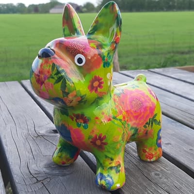Spaarpot Hond Bloemenprint – Groen – Decoratieve Spaarpot – 20 cm – Met Sleutel