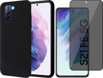 Hoesje geschikt voor Samsung Galaxy S21 FE - Matte Back Cover Microvezel Siliconen Case Hoes Zwart - Tempered Glass Privacy Screenprotector