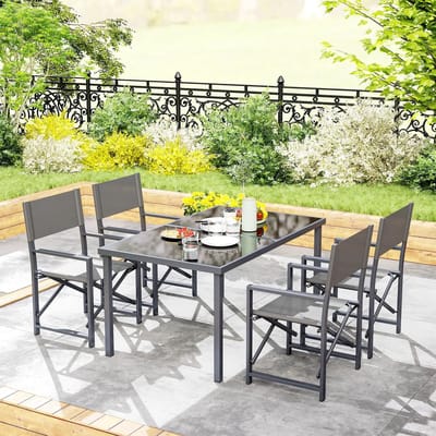 Pugsdrly Zitgroep 5-delig Eetset Staal voor 4 personen Eettafel met 4 opklapbare stoelen Glazen tafel Grijs