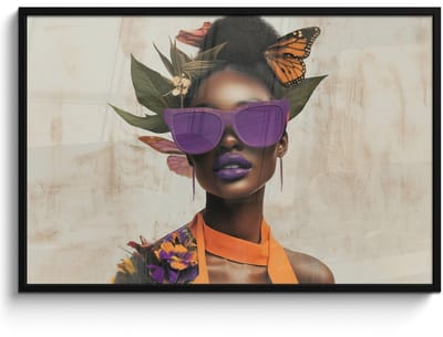 Poster in lijst - Fotolijst 120x80 cm - Posters - Vrouw - Zonnebril - Vlinder - Bloemen - Posterlijst zwart - Decoratie - Wanddecoratie woonkamer - Muurdecoratie slaapkamer