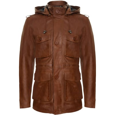 Leren trenchcoat met meerdere zakken en capuchon