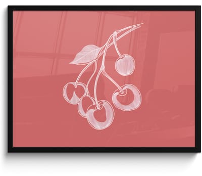 Poster in lijst - Fotolijst 70x50 cm - Posters - Lijnillustratie - Kersen - Tak - Wit - Posterlijst zwart - Decoratie - Wanddecoratie woonkamer - Muurdecoratie slaapkamer