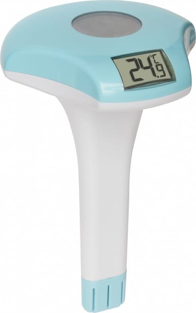 TFA Dostmann Digitale zwembadthermometer, 30.2033.20, werkt op zonne-energie, drijvend met bevestigingslijn, watertemperatuur meten, wit-turquoise