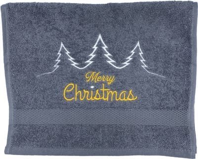 Gastendoekje - Kerst - Grijs - Merry Christmas Trees - Geborduurd